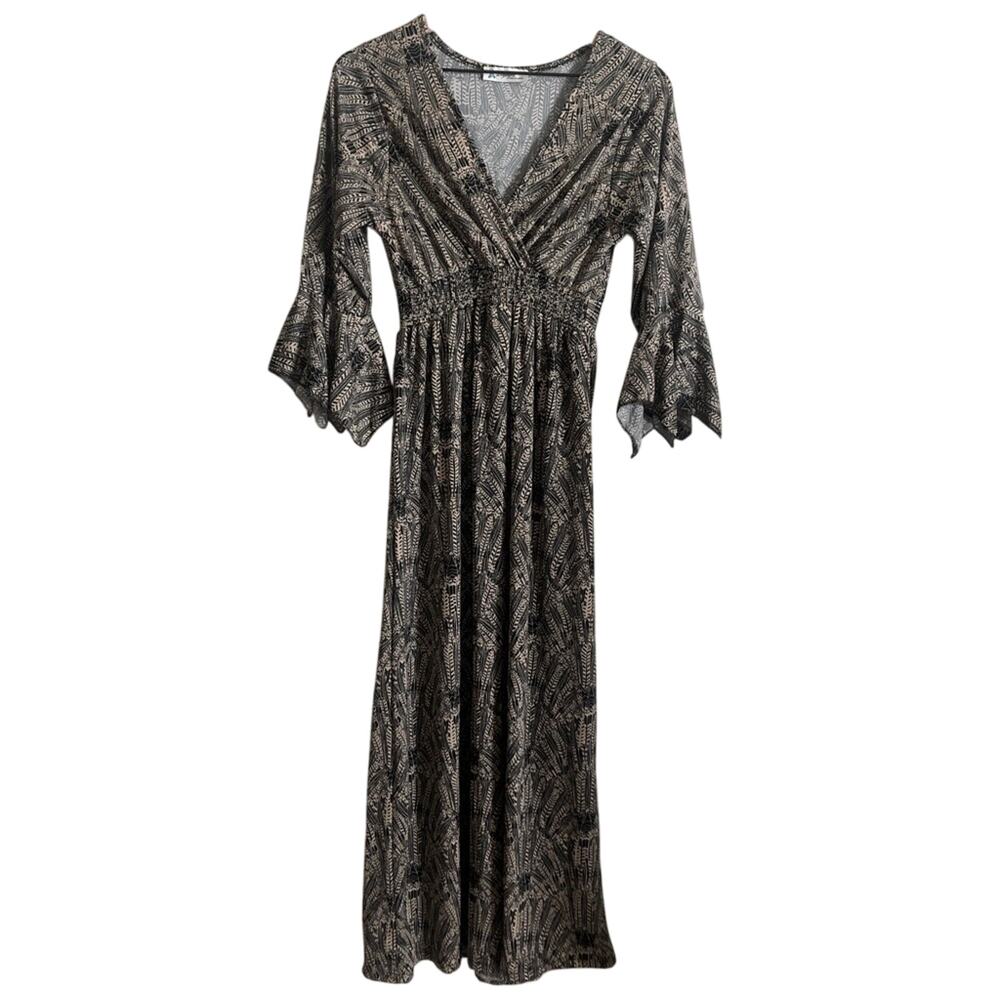 Lapogee Witchy Fall Black Gothic Spooky Art Deco Bell Sleeve V-Neck Maxi Dress